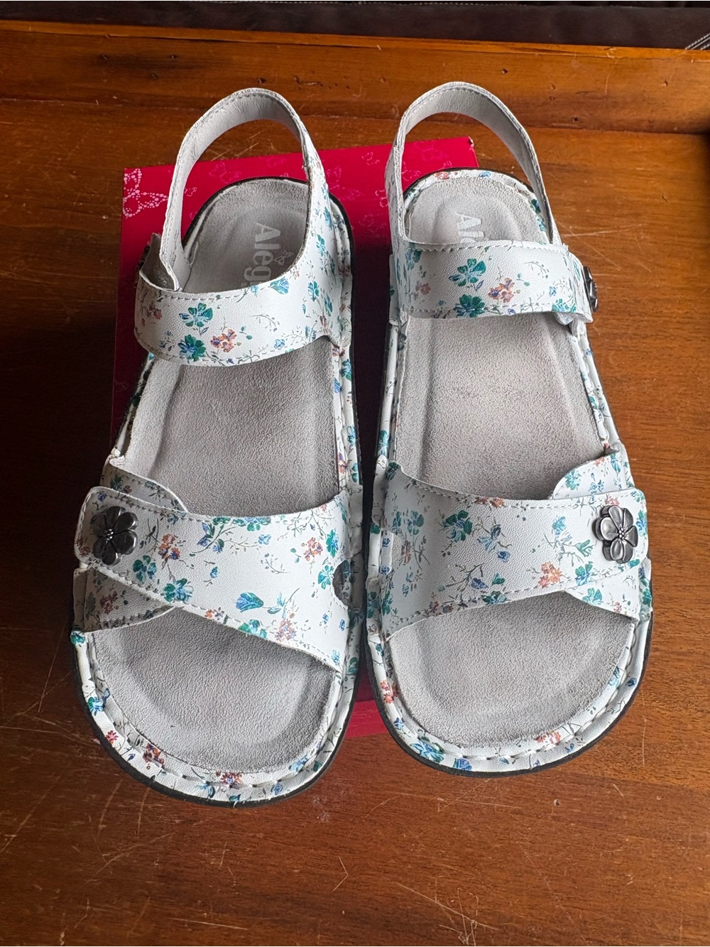 Alegria Womens White Sandals with Blue and Teal Floral Print - Picture 2 of 6